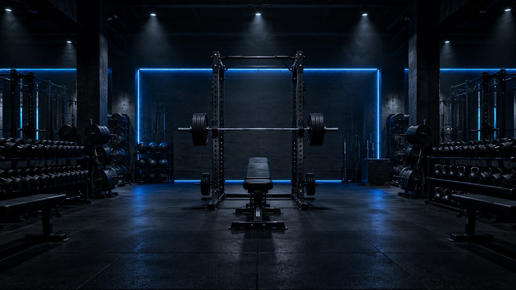 Empty gym lit in blue; AI concept image